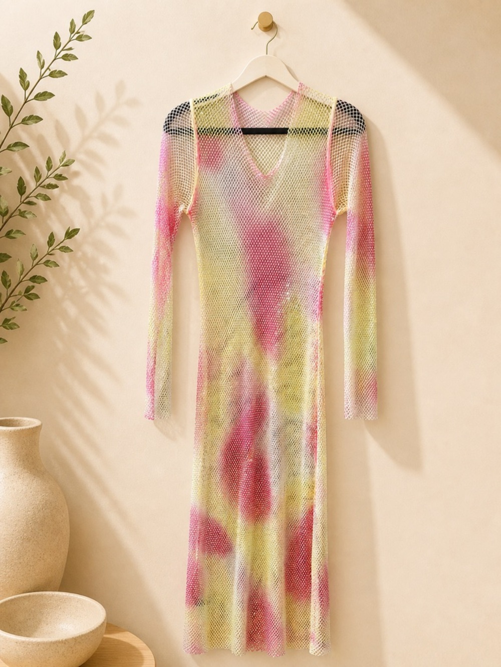 Sheer Tie-Dye Long Sleeve Mesh Dress - Pink & Yellow
